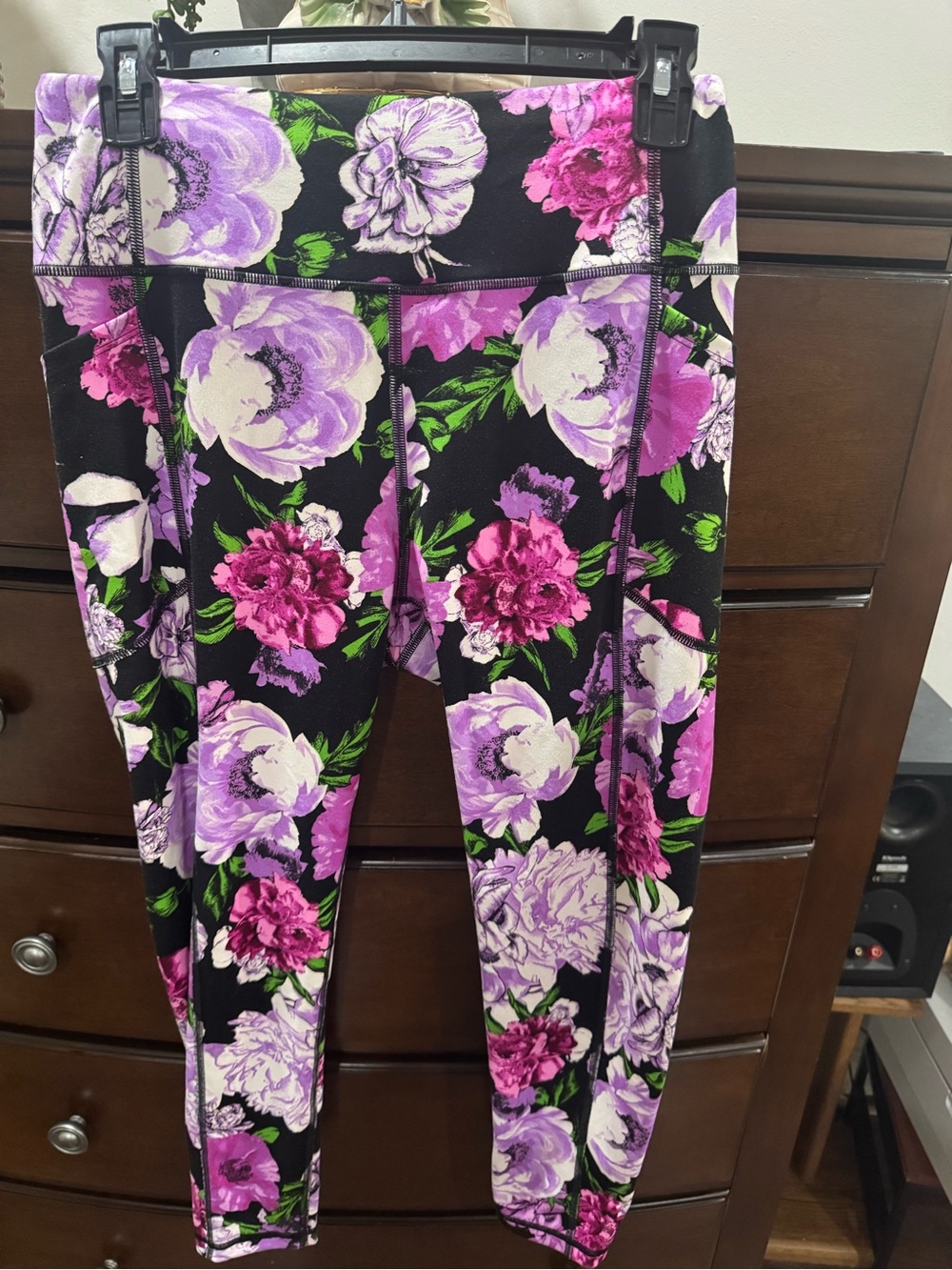 Victoria’s secret woman’s Active Leggings - Black with Purple & Pink Flowers